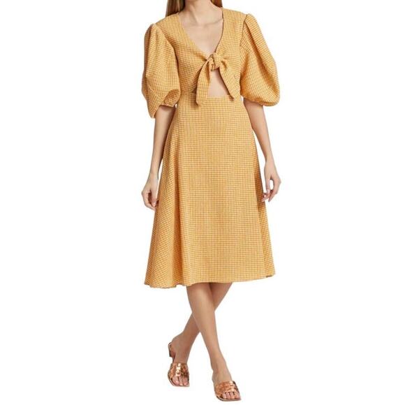 Rhode Ginny Tie Front Cutout Plaid Midi Dress In Sunflower Size 8 Fit And Flare Rhode Ginny Tie Front Cutout Plaid Midi Dress In Sunflower Size 8 Fit And Flare